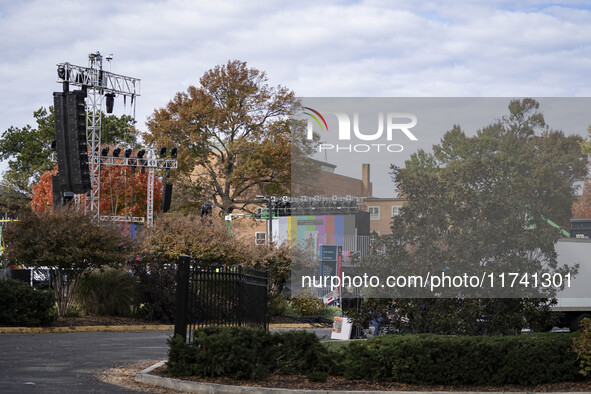 Crews outside Howard University in Washington, DC, on November 4, 2024, put up fencing where Vice President Kamala Harris will have a watch...