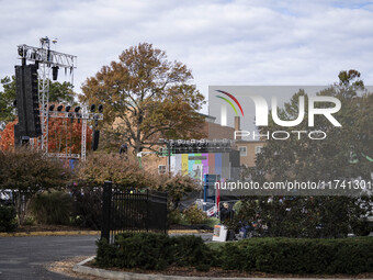 Crews outside Howard University in Washington, DC, on November 4, 2024, put up fencing where Vice President Kamala Harris will have a watch...