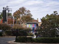 Crews outside Howard University in Washington, DC, on November 4, 2024, put up fencing where Vice President Kamala Harris will have a watch...