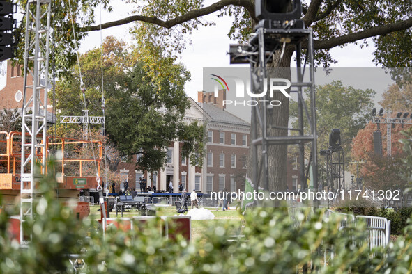 Crews outside Howard University in Washington, DC, on November 4, 2024, put up fencing where Vice President Kamala Harris will have a watch...