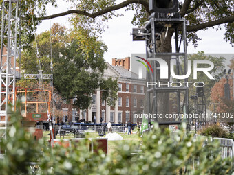 Crews outside Howard University in Washington, DC, on November 4, 2024, put up fencing where Vice President Kamala Harris will have a watch...