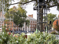 Crews outside Howard University in Washington, DC, on November 4, 2024, put up fencing where Vice President Kamala Harris will have a watch...