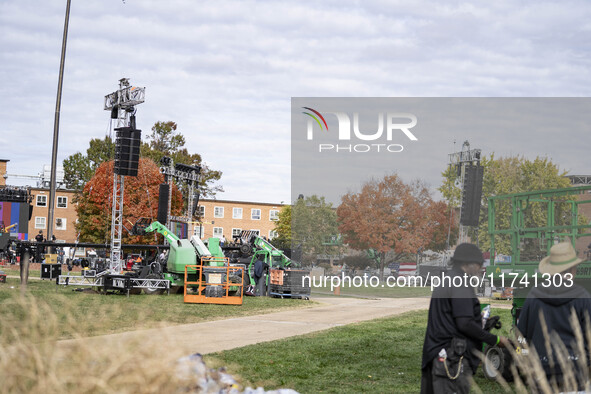 Crews outside Howard University in Washington, DC, on November 4, 2024, put up fencing where Vice President Kamala Harris will have a watch...