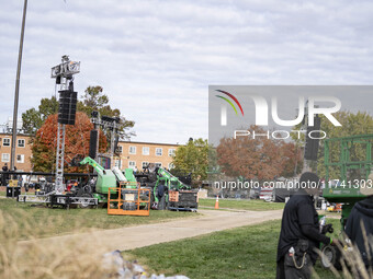 Crews outside Howard University in Washington, DC, on November 4, 2024, put up fencing where Vice President Kamala Harris will have a watch...