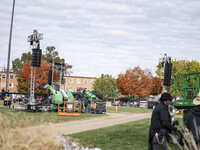 Crews outside Howard University in Washington, DC, on November 4, 2024, put up fencing where Vice President Kamala Harris will have a watch...