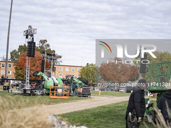 Crews outside Howard University in Washington, DC, on November 4, 2024, put up fencing where Vice President Kamala Harris will have a watch...