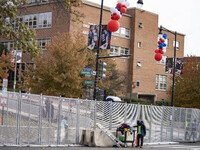 Crews outside Howard University in Washington, DC, on November 4, 2024, put up fencing where Vice President Kamala Harris will have a watch...