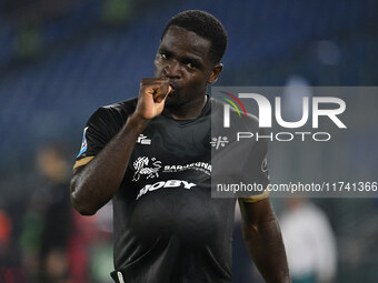 Zito Luvumbo of Cagliari Calcio celebrates after scoring the goal to make it 1-1 during the 11th day of the Serie A Championship between S.S...