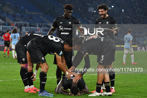 Zito Luvumbo of Cagliari Calcio celebrates after scoring the goal to make it 1-1 during the 11th day of the Serie A Championship between S.S...