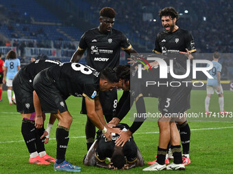 Zito Luvumbo of Cagliari Calcio celebrates after scoring the goal to make it 1-1 during the 11th day of the Serie A Championship between S.S...