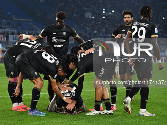 Zito Luvumbo of Cagliari Calcio celebrates after scoring the goal to make it 1-1 during the 11th day of the Serie A Championship between S.S...