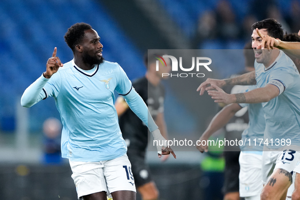 Boulaye Dia of SS Lazio celebrates after scoring first goal during the Serie A Enilive match between SS Lazio and Cagliari Calcio at Stadio...