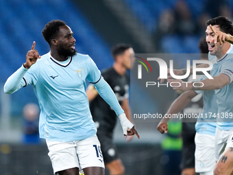 Boulaye Dia of SS Lazio celebrates after scoring first goal during the Serie A Enilive match between SS Lazio and Cagliari Calcio at Stadio...