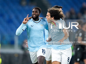 Boulaye Dia of SS Lazio celebrates after scoring first goal during the Serie A Enilive match between SS Lazio and Cagliari Calcio at Stadio...