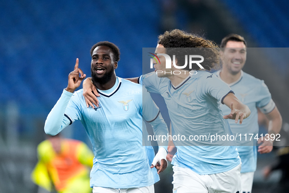 Boulaye Dia of SS Lazio celebrates after scoring first goal during the Serie A Enilive match between SS Lazio and Cagliari Calcio at Stadio...