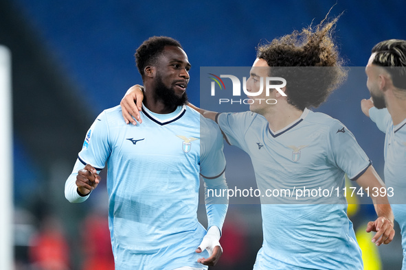 Boulaye Dia of SS Lazio celebrates after scoring first goal during the Serie A Enilive match between SS Lazio and Cagliari Calcio at Stadio...