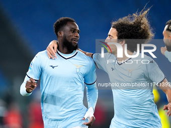 Boulaye Dia of SS Lazio celebrates after scoring first goal during the Serie A Enilive match between SS Lazio and Cagliari Calcio at Stadio...