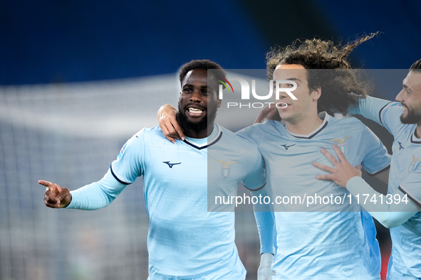 Boulaye Dia of SS Lazio celebrates after scoring first goal during the Serie A Enilive match between SS Lazio and Cagliari Calcio at Stadio...