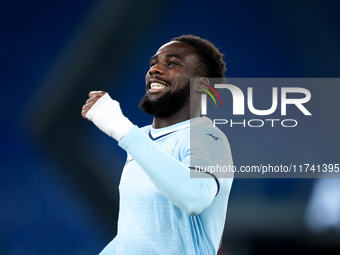 Boulaye Dia of SS Lazio celebrates after scoring first goal during the Serie A Enilive match between SS Lazio and Cagliari Calcio at Stadio...