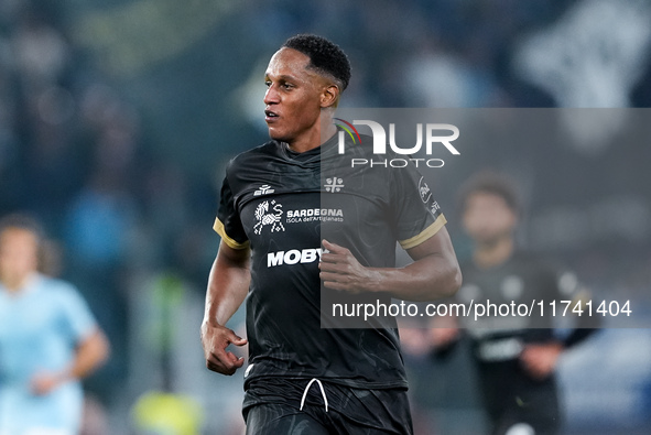 Yerry Mina of Cagliari Calcio looks on during the Serie A Enilive match between SS Lazio and Cagliari Calcio at Stadio Olimpico on November...