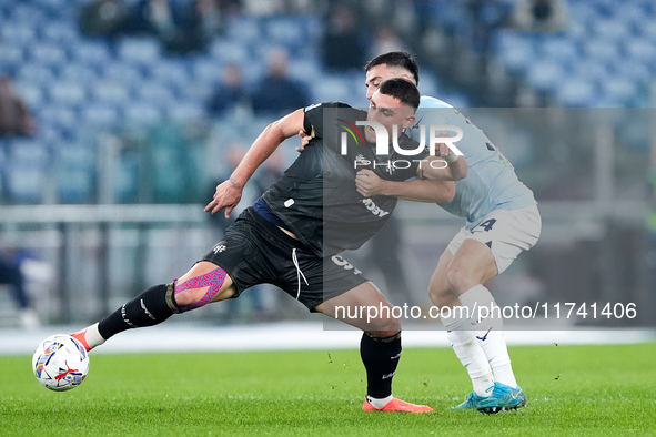 Roberto Piccoli of Cagliari Calcio and Mario Gila of SS Lazio compete for the ball during the Serie A Enilive match between SS Lazio and Cag...