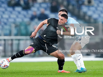 Roberto Piccoli of Cagliari Calcio and Mario Gila of SS Lazio compete for the ball during the Serie A Enilive match between SS Lazio and Cag...