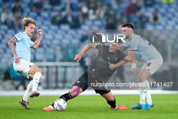 Roberto Piccoli of Cagliari Calcio and Mario Gila of SS Lazio compete for the ball during the Serie A Enilive match between SS Lazio and Cag...