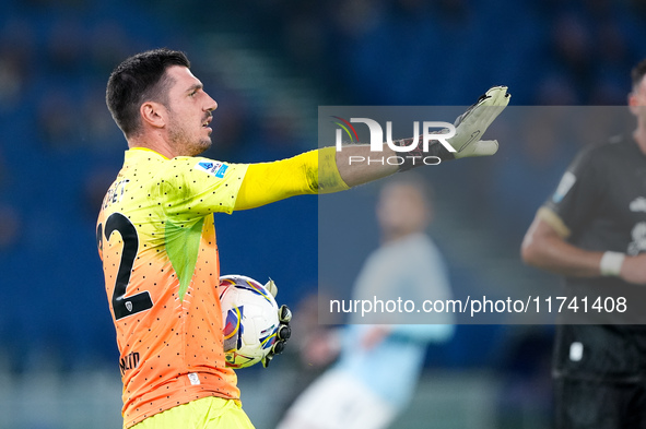 Simone Scuffet of Cagliari Calcio gestures during the Serie A Enilive match between SS Lazio and Cagliari Calcio at Stadio Olimpico on Novem...