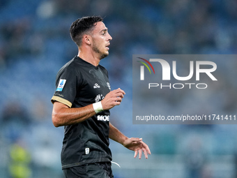 Gabriele Zappa of Cagliari Calcio looks on during the Serie A Enilive match between SS Lazio and Cagliari Calcio at Stadio Olimpico on Novem...