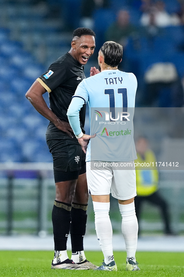 Yerry Mina of Cagliari Calcio argues with Taty Castellanos of SS Lazio during the Serie A Enilive match between SS Lazio and Cagliari Calcio...