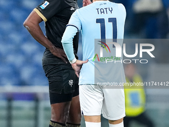 Yerry Mina of Cagliari Calcio argues with Taty Castellanos of SS Lazio during the Serie A Enilive match between SS Lazio and Cagliari Calcio...