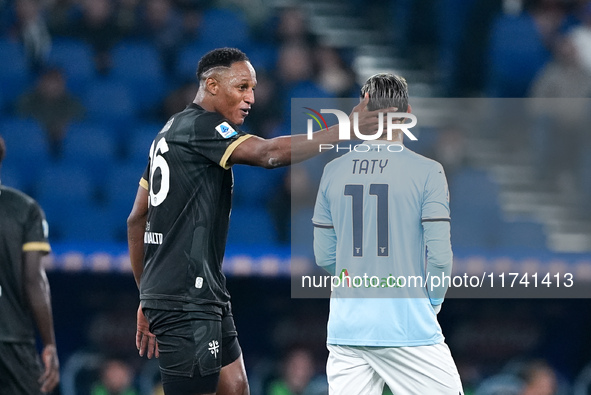 Yerry Mina of Cagliari Calcio argues with Taty Castellanos of SS Lazio during the Serie A Enilive match between SS Lazio and Cagliari Calcio...