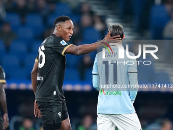 Yerry Mina of Cagliari Calcio argues with Taty Castellanos of SS Lazio during the Serie A Enilive match between SS Lazio and Cagliari Calcio...