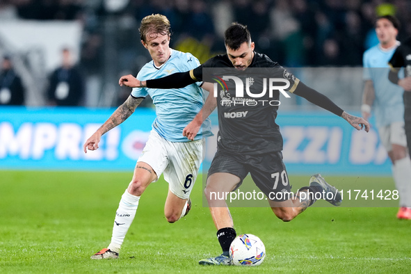 Nicolo' Rovella of SS Lazio and Gianluca Gaetano of Cagliari Calcio compete for the ball during the Serie A Enilive match between SS Lazio a...