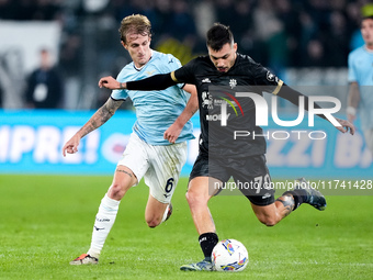 Nicolo' Rovella of SS Lazio and Gianluca Gaetano of Cagliari Calcio compete for the ball during the Serie A Enilive match between SS Lazio a...