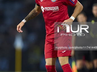 Alex Sola of Getafe CF is in action during the La Liga EA Sports match between RC Celta de Vigo and Getafe CF at Estadio Abanca Balaidos in...