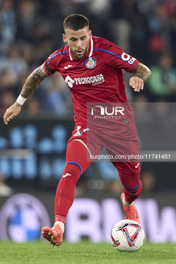 Carles Perez of Getafe CF is in action during the La Liga EA Sports match between RC Celta de Vigo and Getafe CF at Estadio Abanca Balaidos...