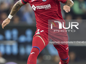 Carles Perez of Getafe CF is in action during the La Liga EA Sports match between RC Celta de Vigo and Getafe CF at Estadio Abanca Balaidos...