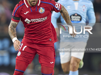 Carles Perez of Getafe CF is in action during the La Liga EA Sports match between RC Celta de Vigo and Getafe CF at Estadio Abanca Balaidos...