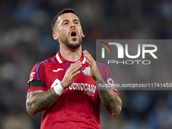 Carles Perez of Getafe CF reacts during the La Liga EA Sports match between RC Celta de Vigo and Getafe CF at Estadio Abanca Balaidos in Vig...