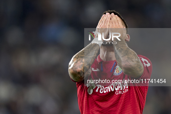 Carles Perez of Getafe CF reacts during the La Liga EA Sports match between RC Celta de Vigo and Getafe CF at Estadio Abanca Balaidos in Vig...