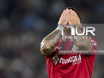 Carles Perez of Getafe CF reacts during the La Liga EA Sports match between RC Celta de Vigo and Getafe CF at Estadio Abanca Balaidos in Vig...