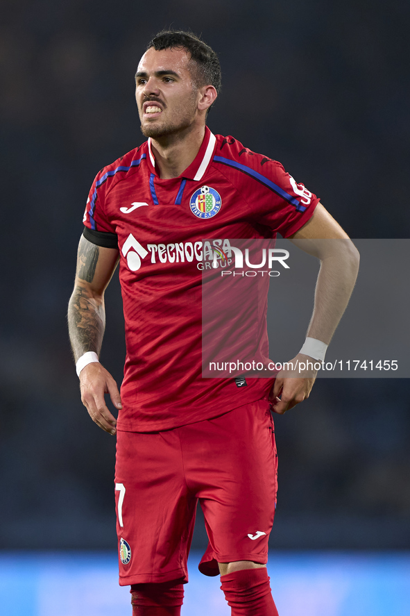 Alex Sola of Getafe CF reacts during the La Liga EA Sports match between RC Celta de Vigo and Getafe CF at Estadio Abanca Balaidos in Vigo,...