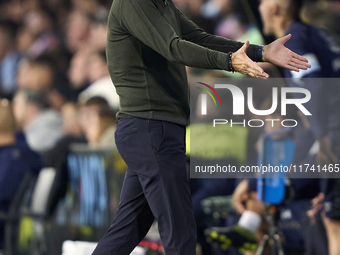 Pepe Bordalas, Head Coach of Getafe CF, reacts during the La Liga EA Sports match between RC Celta de Vigo and Getafe CF at Estadio Abanca B...