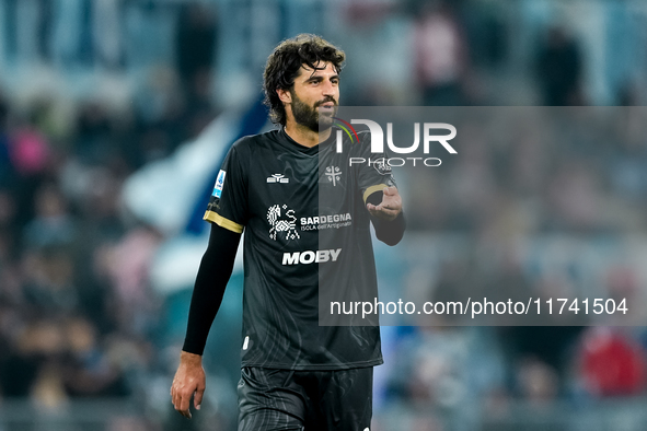 Sebastiano Luperto of Cagliari Calcio gestures during the Serie A Enilive match between SS Lazio and Cagliari Calcio at Stadio Olimpico on N...