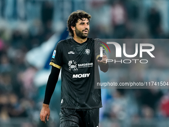 Sebastiano Luperto of Cagliari Calcio gestures during the Serie A Enilive match between SS Lazio and Cagliari Calcio at Stadio Olimpico on N...