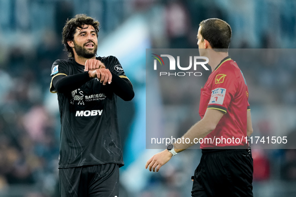 Sebastiano Luperto of Cagliari Calcio gestures during the Serie A Enilive match between SS Lazio and Cagliari Calcio at Stadio Olimpico on N...