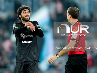 Sebastiano Luperto of Cagliari Calcio gestures during the Serie A Enilive match between SS Lazio and Cagliari Calcio at Stadio Olimpico on N...