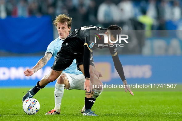 Gianluca Gaetano of Cagliari Calcio and Nicolo' Rovella of SS Lazio compete for the ball during the Serie A Enilive match between SS Lazio a...