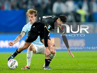 Gianluca Gaetano of Cagliari Calcio and Nicolo' Rovella of SS Lazio compete for the ball during the Serie A Enilive match between SS Lazio a...